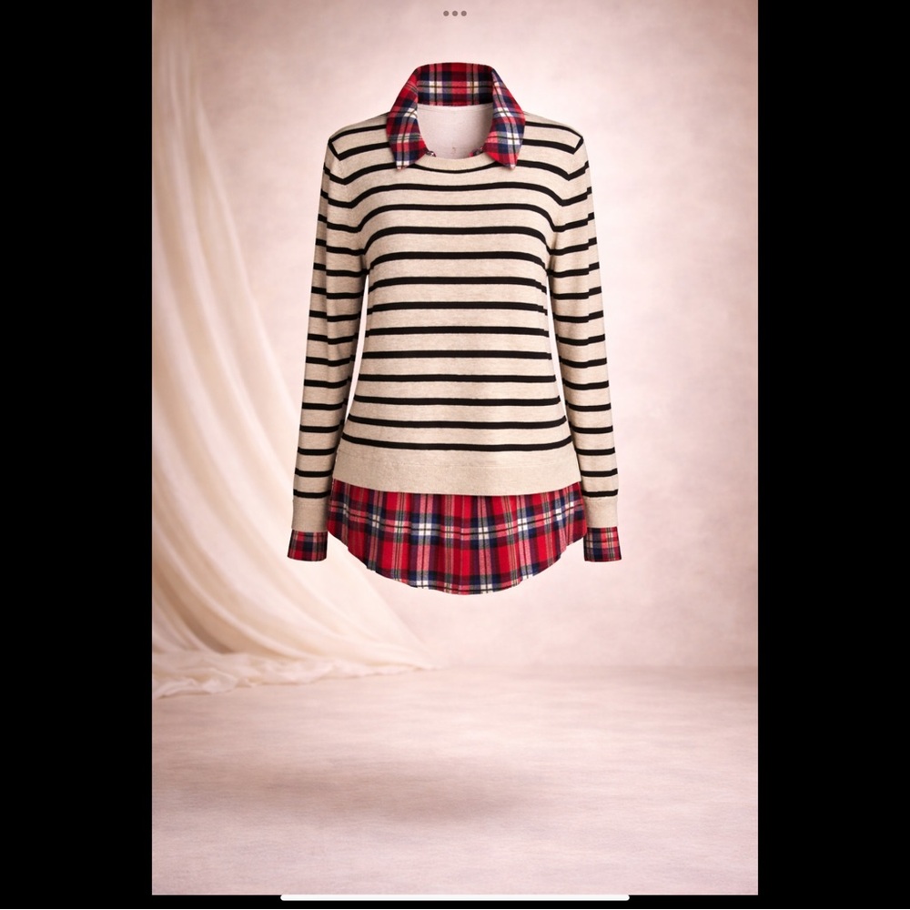 intro. Cream & Black Striped Layered Sweater with Red Plaid Shirt Hem